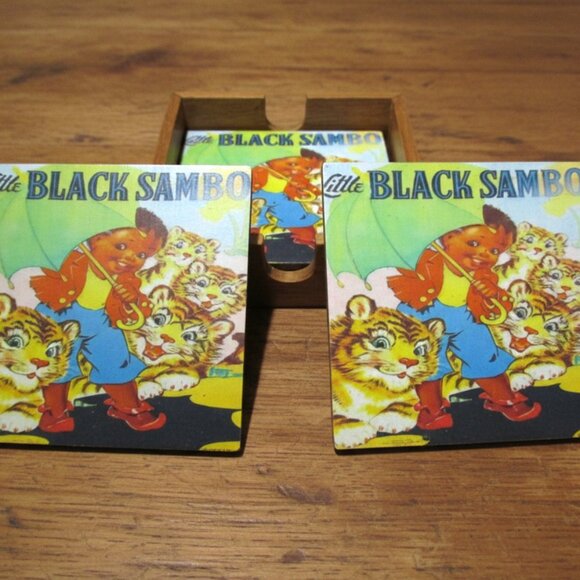 Little Black Sambo Wood Coasters with Wood Storage Container Box Set of 4 w/box - Picture 1 of 5